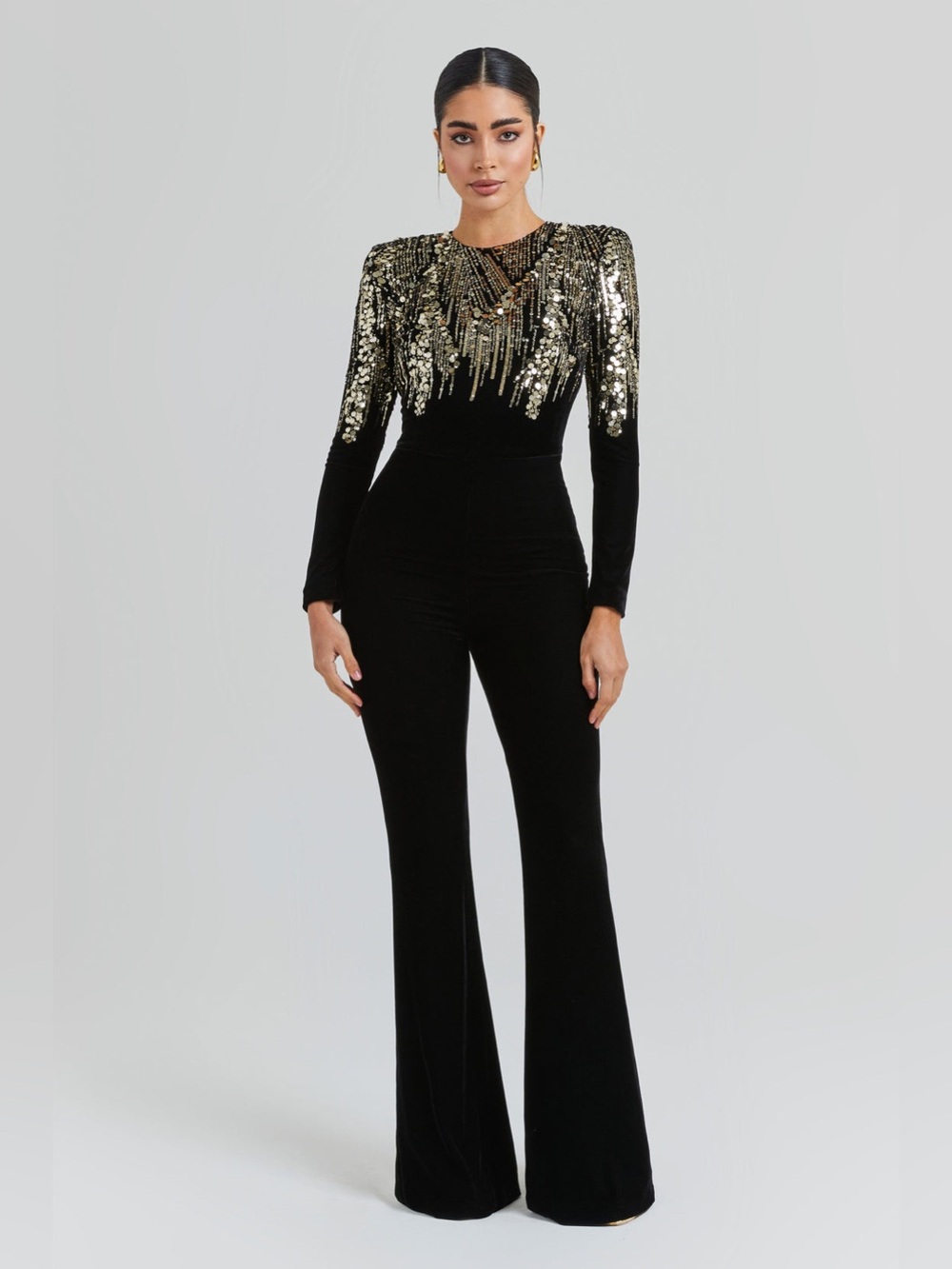 NEW Nadine Merabi Katarina Black Gold Sequin Jumpsuit Size XS